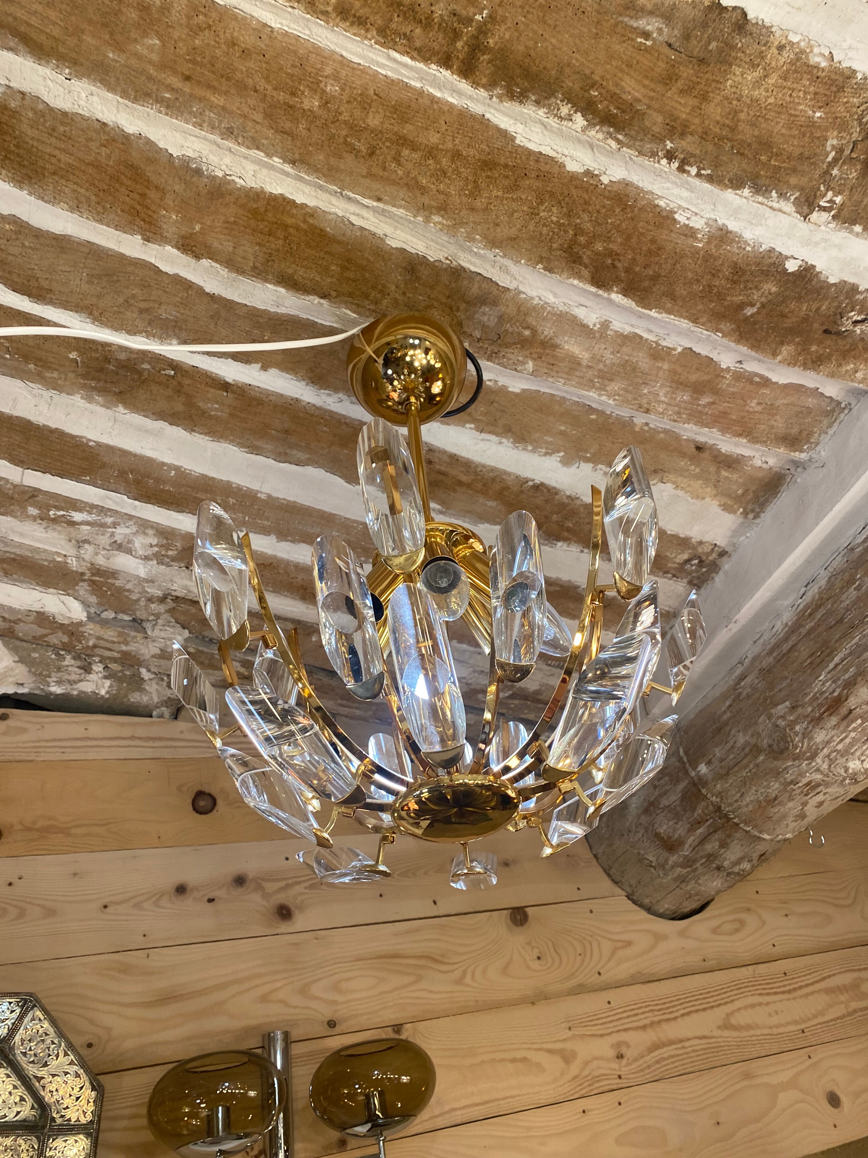 Gilded and crystalline metal chandelier 1950