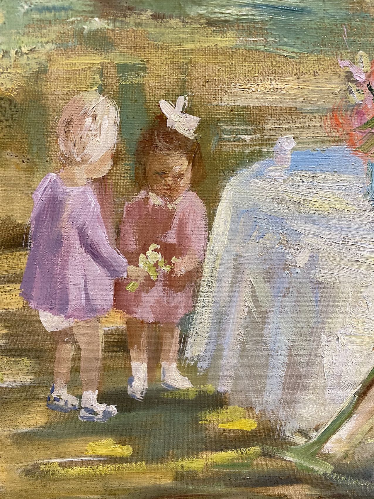 Vintage mid century swedish framed oil painting - garden party