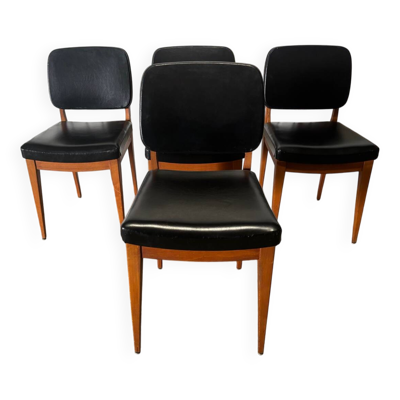 Ensemble de 4 chaises vintage années 60 en bois et skaï noir – design
