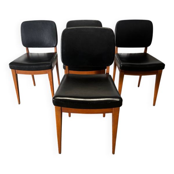 Ensemble de 4 chaises vintage années 60 en bois et skaï noir – design