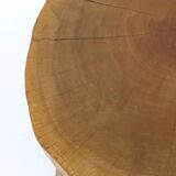 Wood coffee table, brutalist work, trapezoidal tripod base