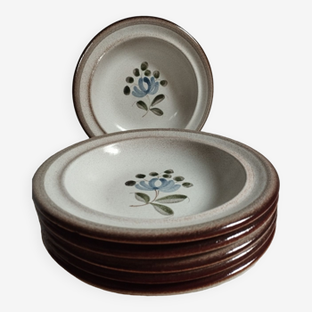 Assiettes creuses, grès beige fleur gris/bleu de MBFA Pornic modèle Fanchon, set de 6