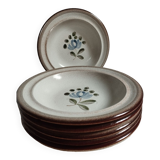 Soup plates, beige stoneware with gray/blue flower by MBFA Pornic model Fanchon, set of 6