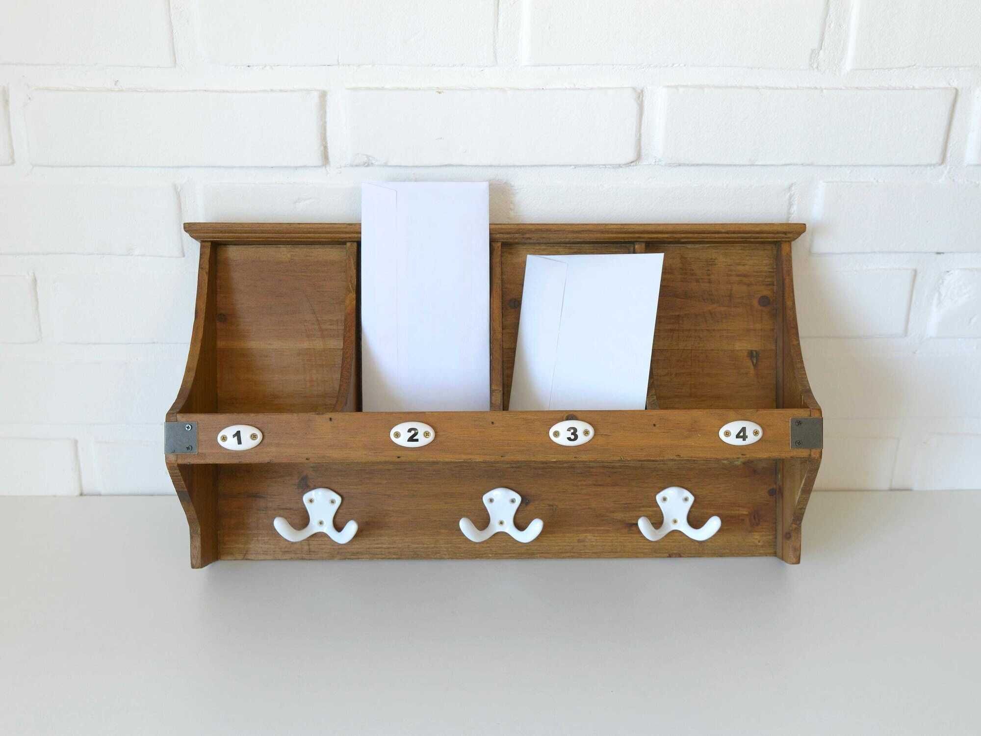 Vintage Wall Wooden Shelf / Mid Century Mail Organizer / Key Holder
