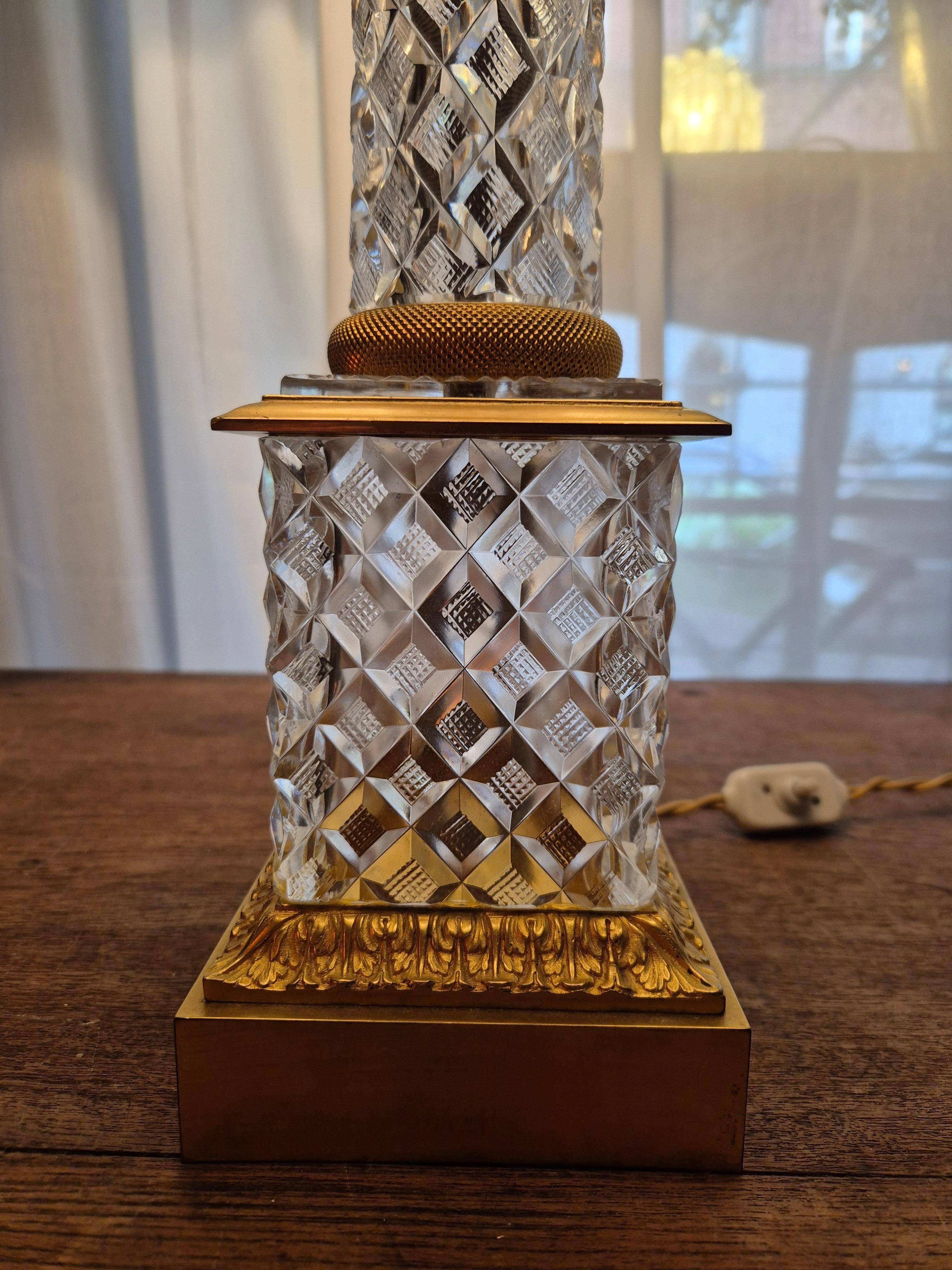 Pair of coloured table lamps, made of cut crystal and gilded bronze, in the Baccarat style.