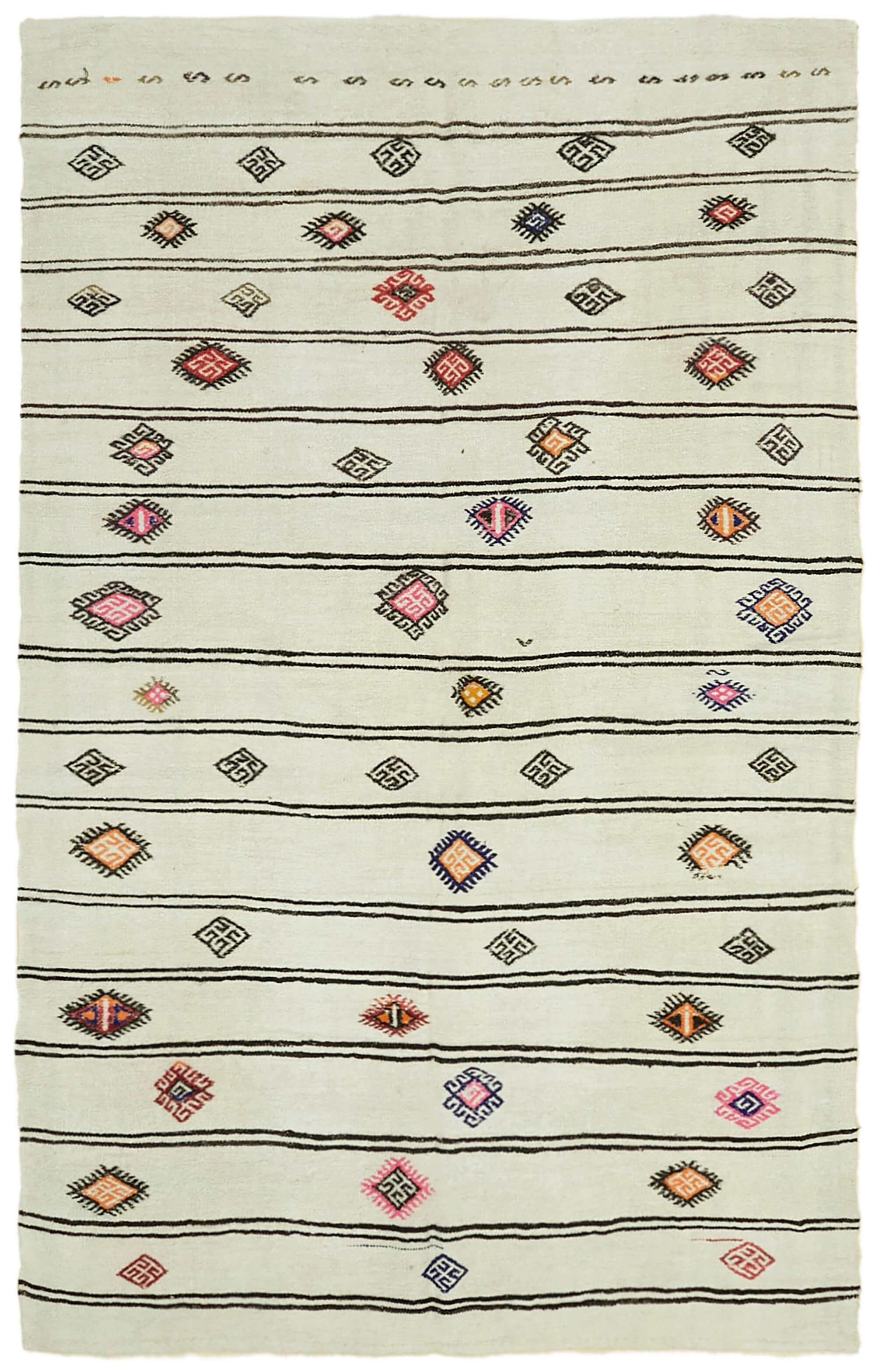 Hand-knotted turkish unique 1970s 222 cm x 343 cm beige hemp kilim carpet