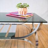 Rectangular coffee table in smoked glass and chrome double trays Design 1970