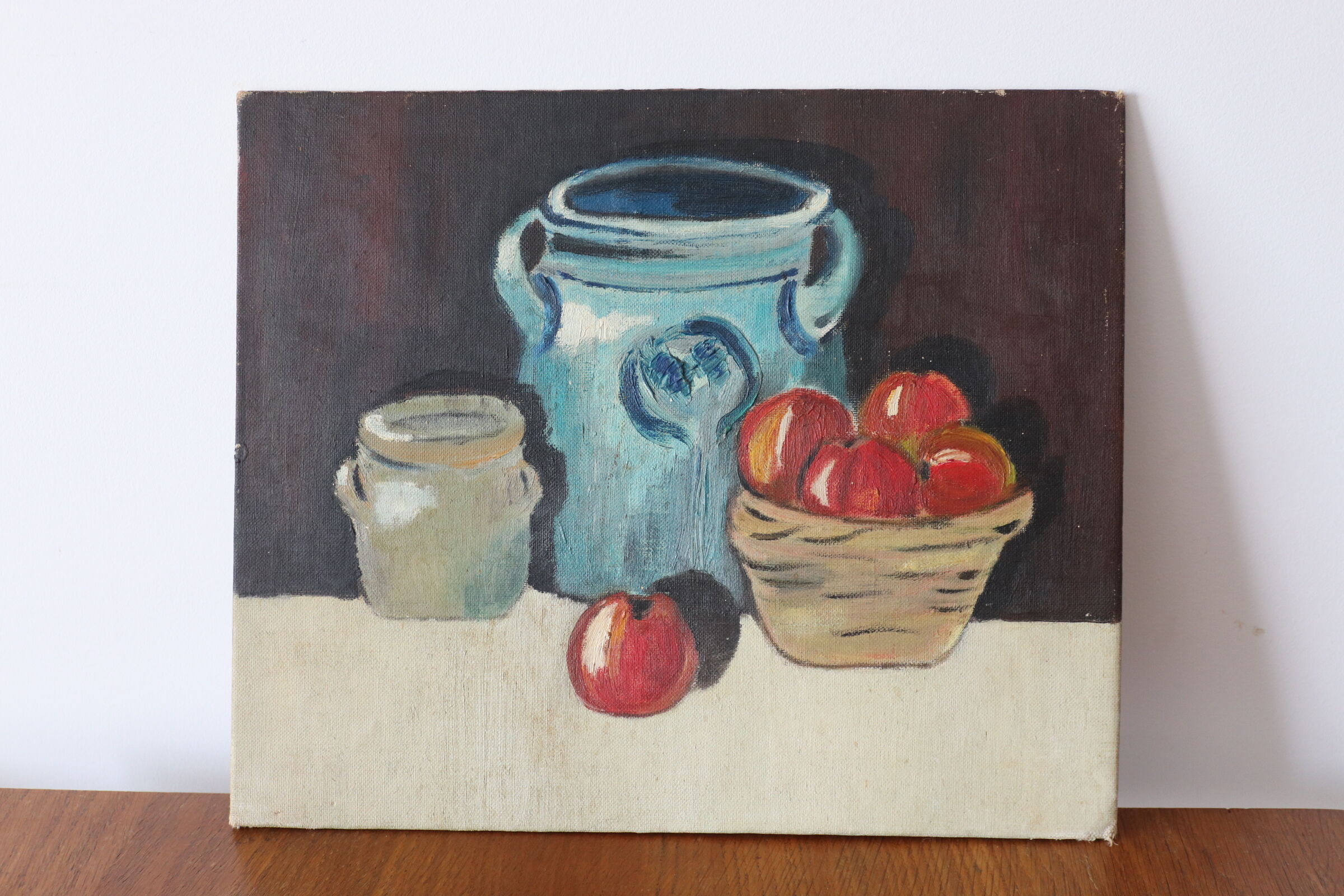 Oil on panel sandstone pot and apples