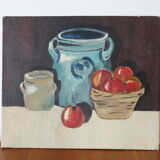 Oil on panel sandstone pot and apples