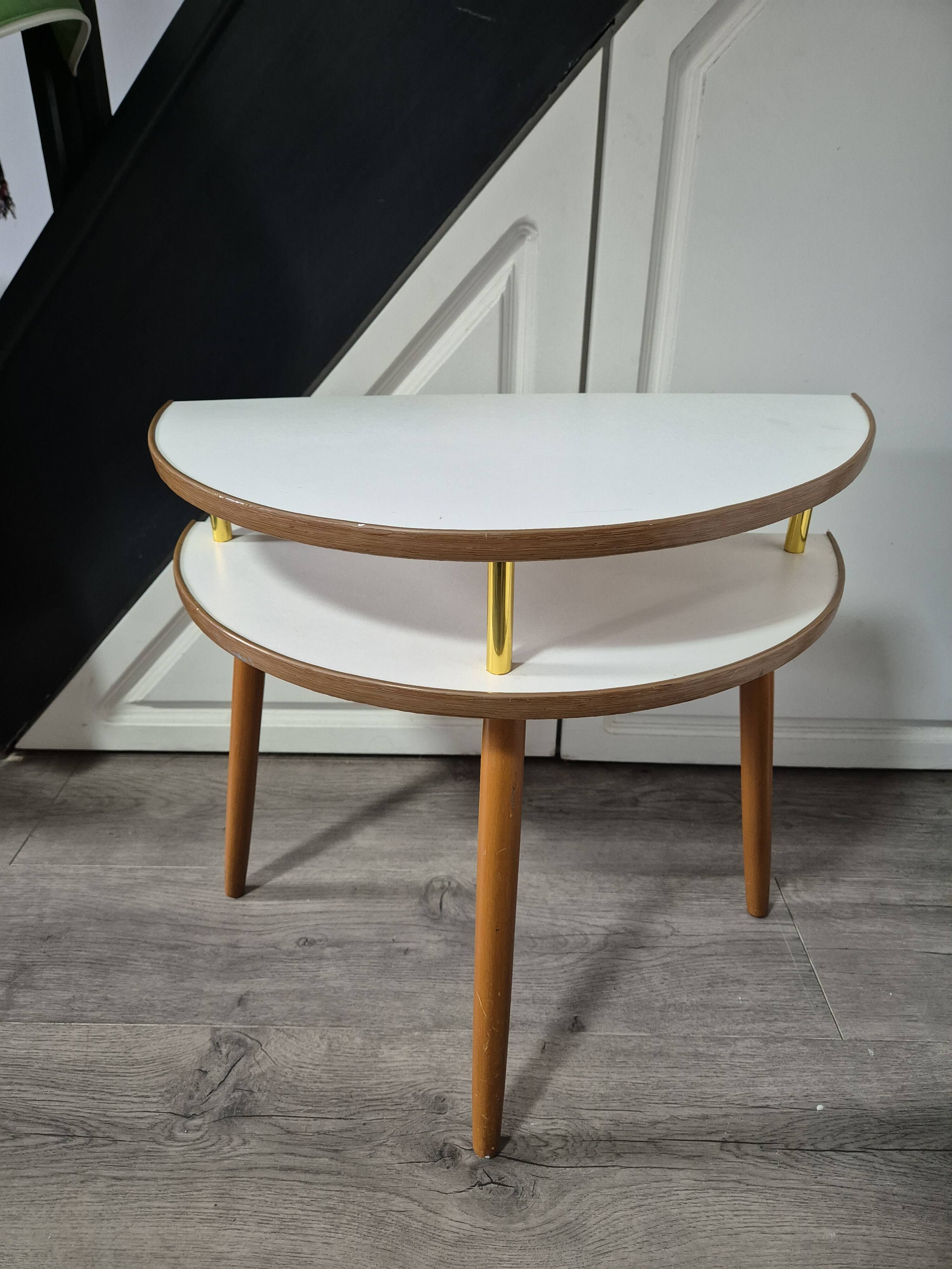 bedside or side table, vintage half circle 3 feet white trays made in England