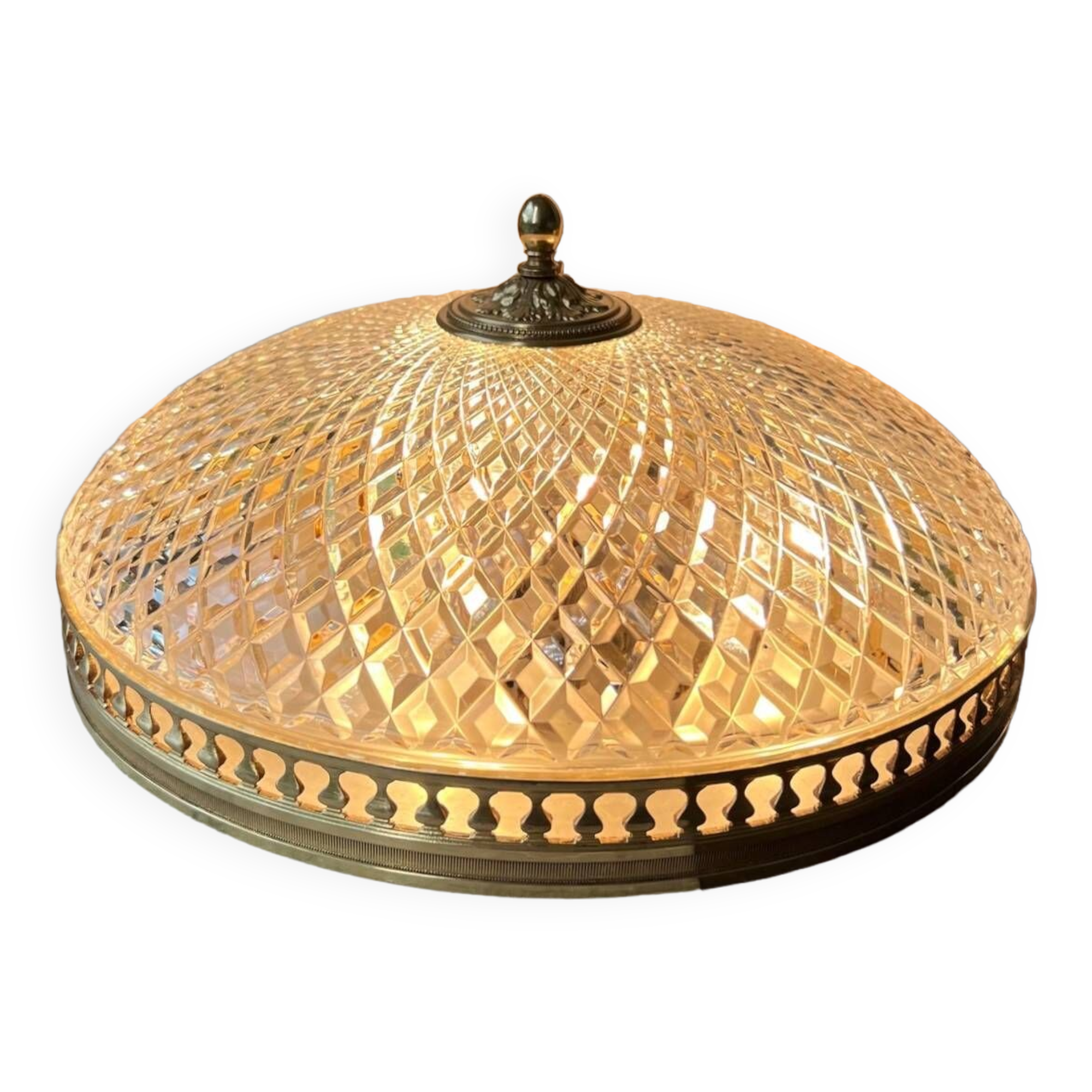 Large vintage ceiling lamp in chiseled glass and brass 34 cm