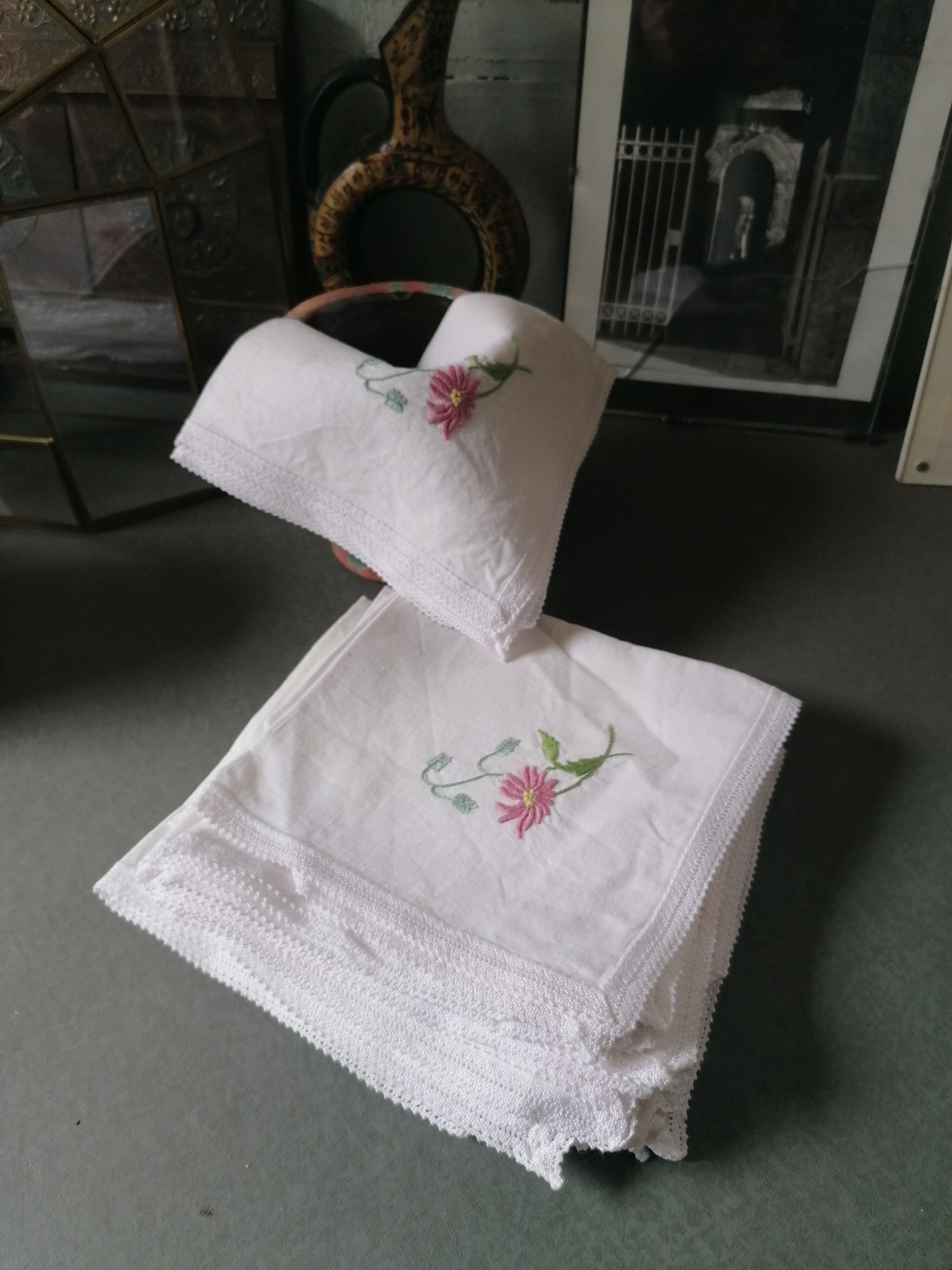 Hand embroidered "flower" and lace embroidered napkins