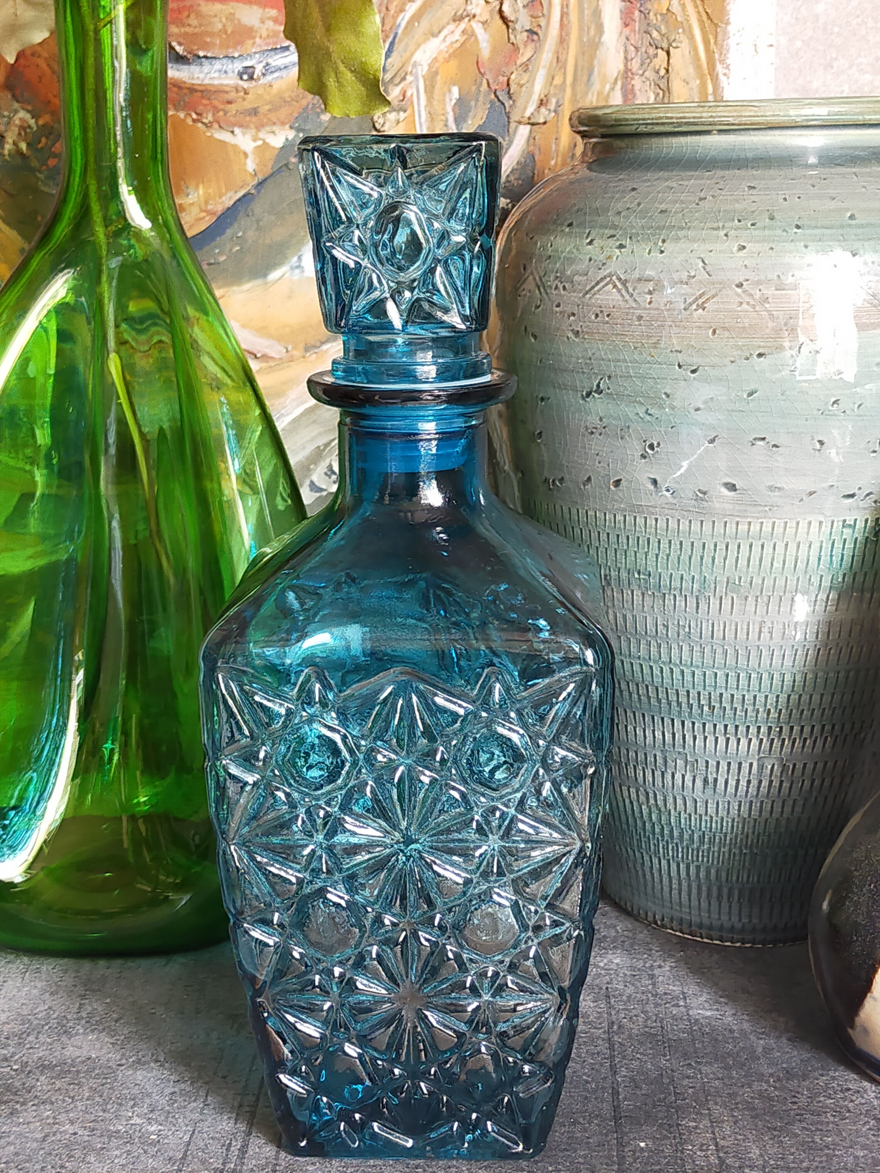 Vintage blue glass whiskey decanter