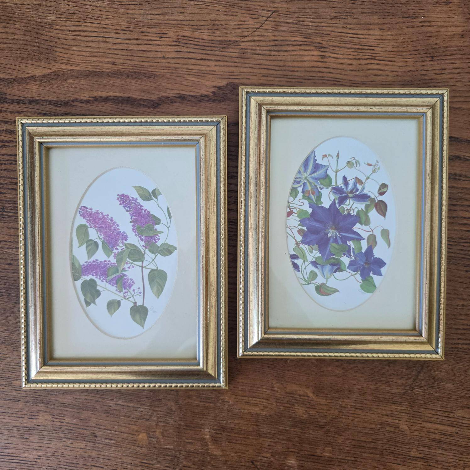 Set of 2 gilded frames under glass – V. Mappin purple flowers – 21.5 x 16.5 cm