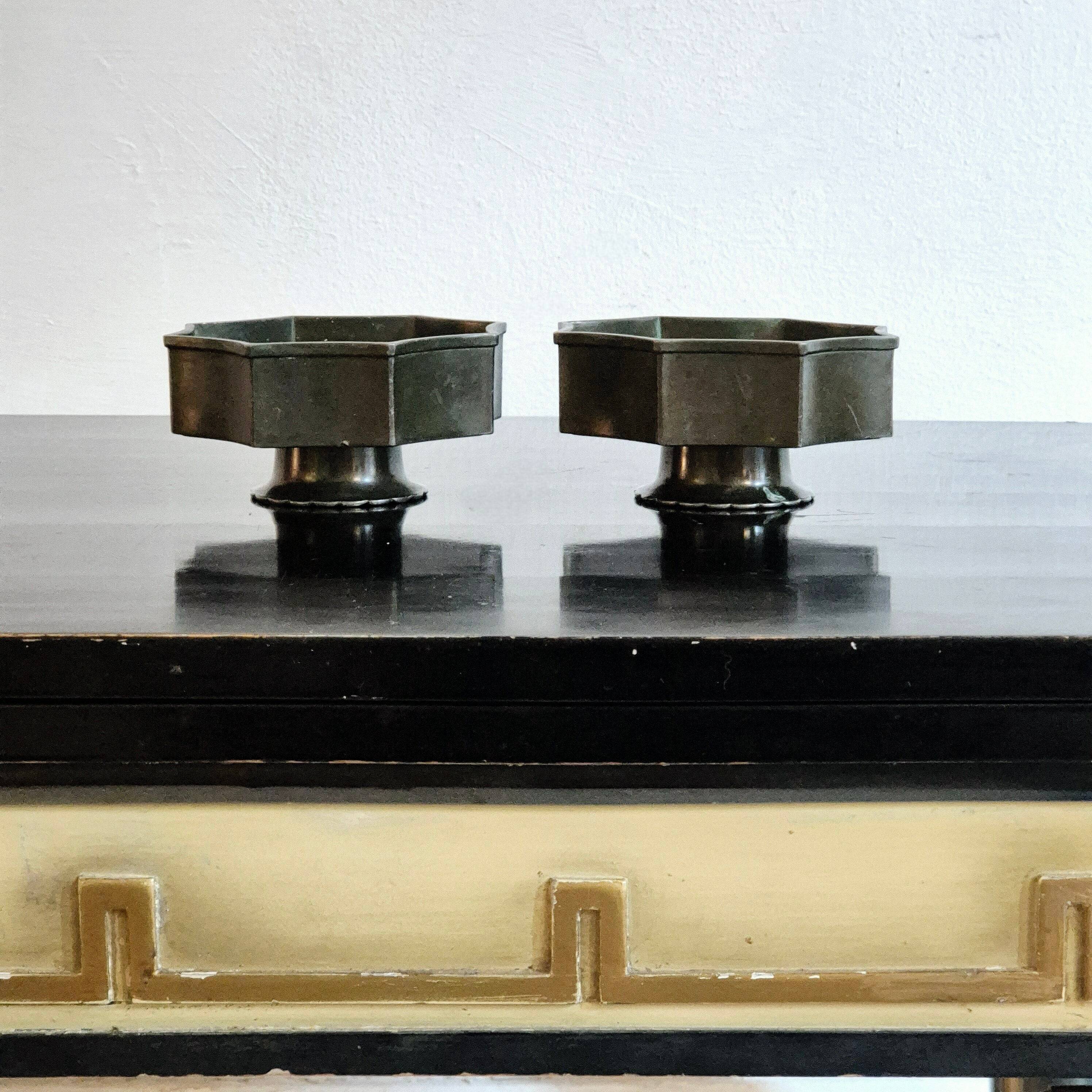 Pair of bowls/candle holders Just Andersen in metal Disko, Danish Grace