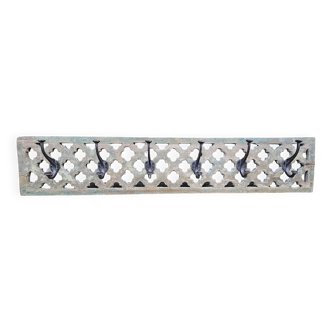 teak coat rack with 6 double cast iron hooks