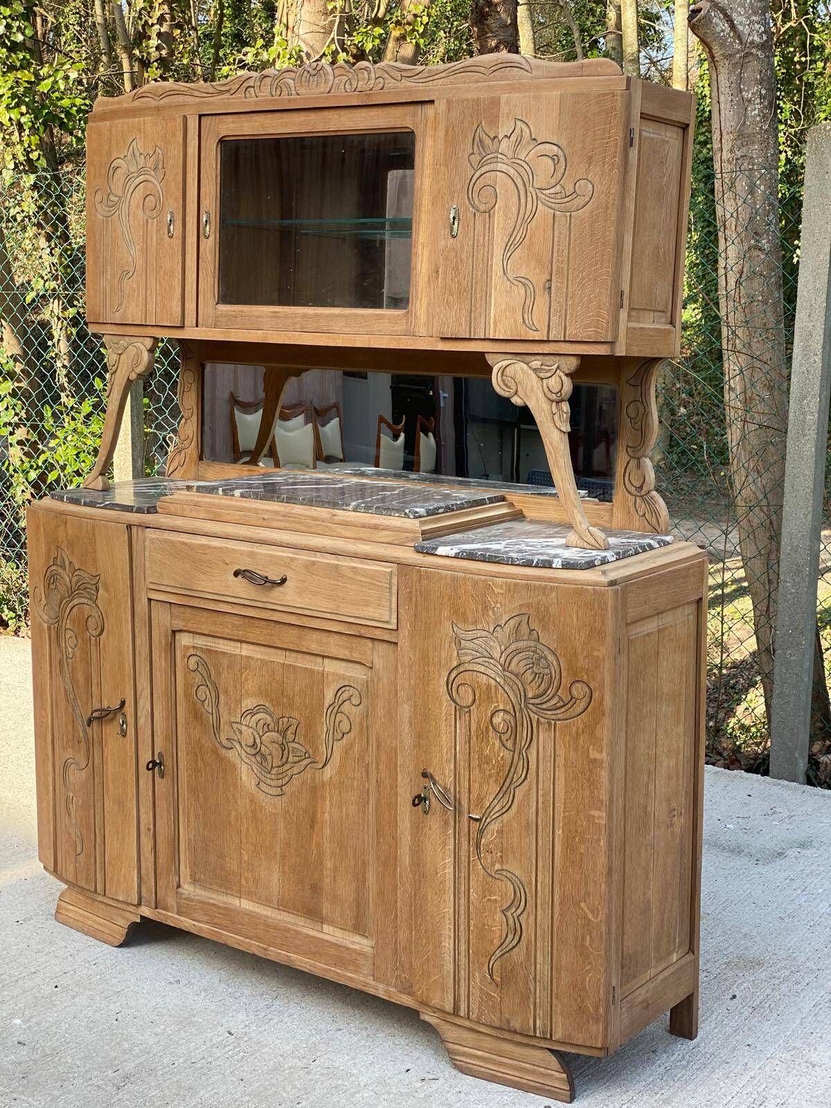 Parisian art deco 2-part buffet renovated in solid oak and marble 1940