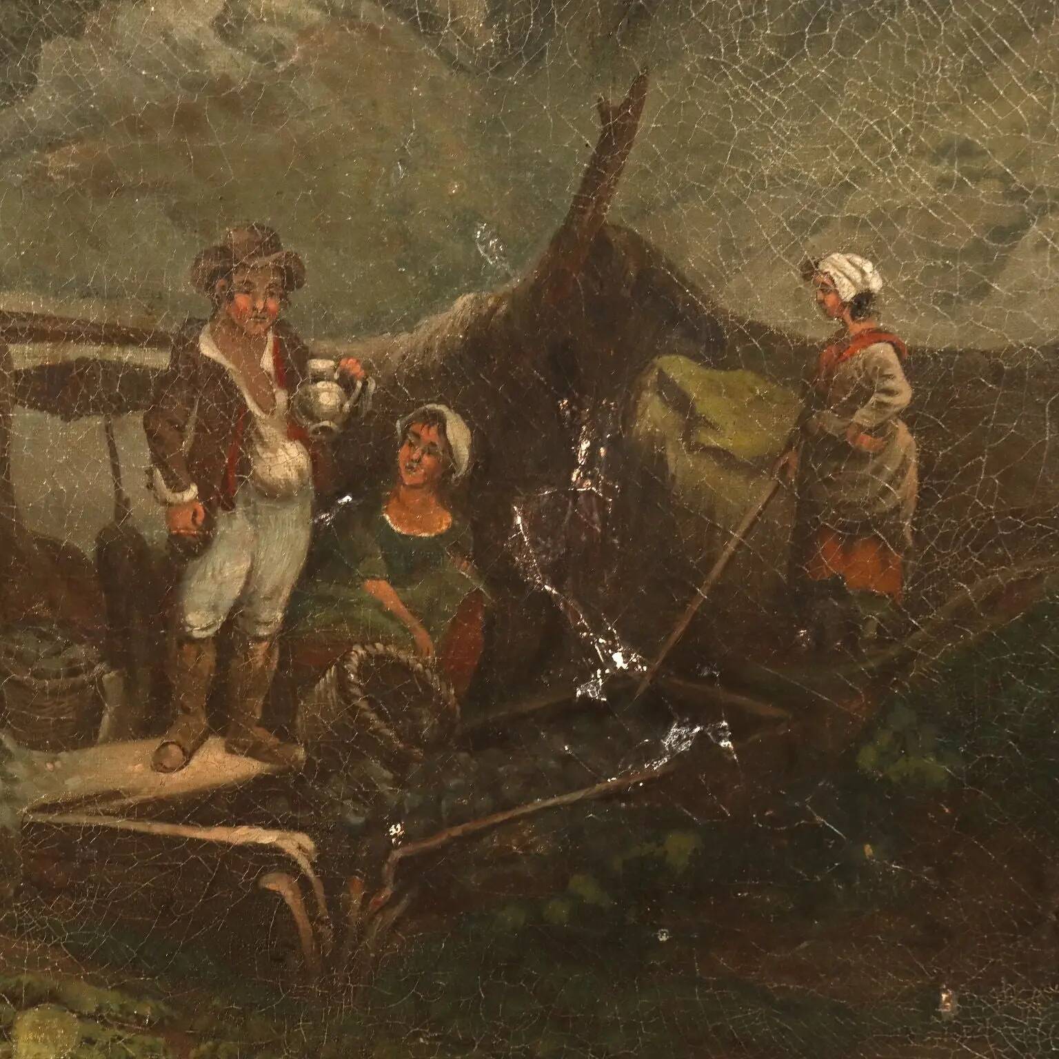 Old painting of a landscape with peasants, oil on canvas, Europe '800.
