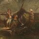 Old painting of a landscape with peasants, oil on canvas, Europe '800.