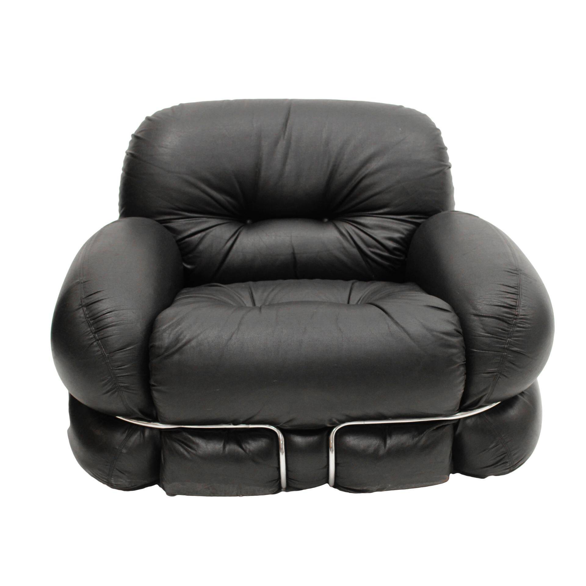 Italian Pair Of Okay Armchairs by Adriano Piazzesi with Black Leather and Steel