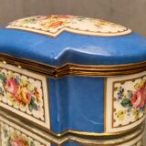 Domed porcelain box polychrome floral decoration on blue background brand Sèvres