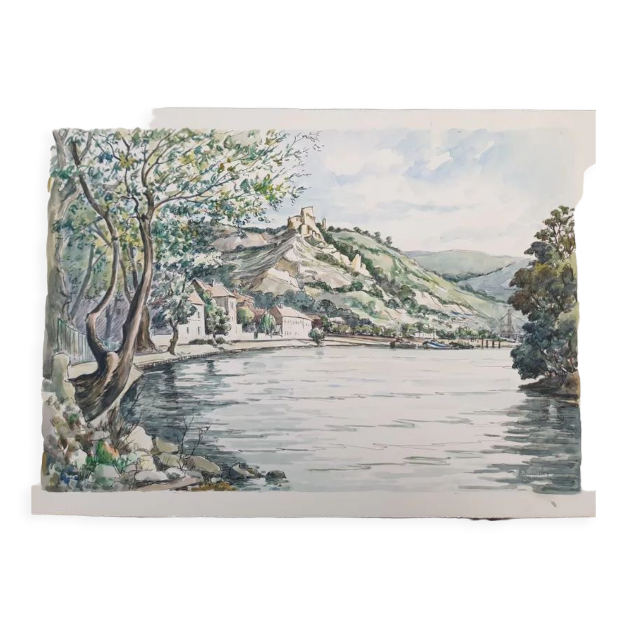 André Duculty (1912-1990) Watercolor on paper "Les Andelys (Normandy)" Signed lower right