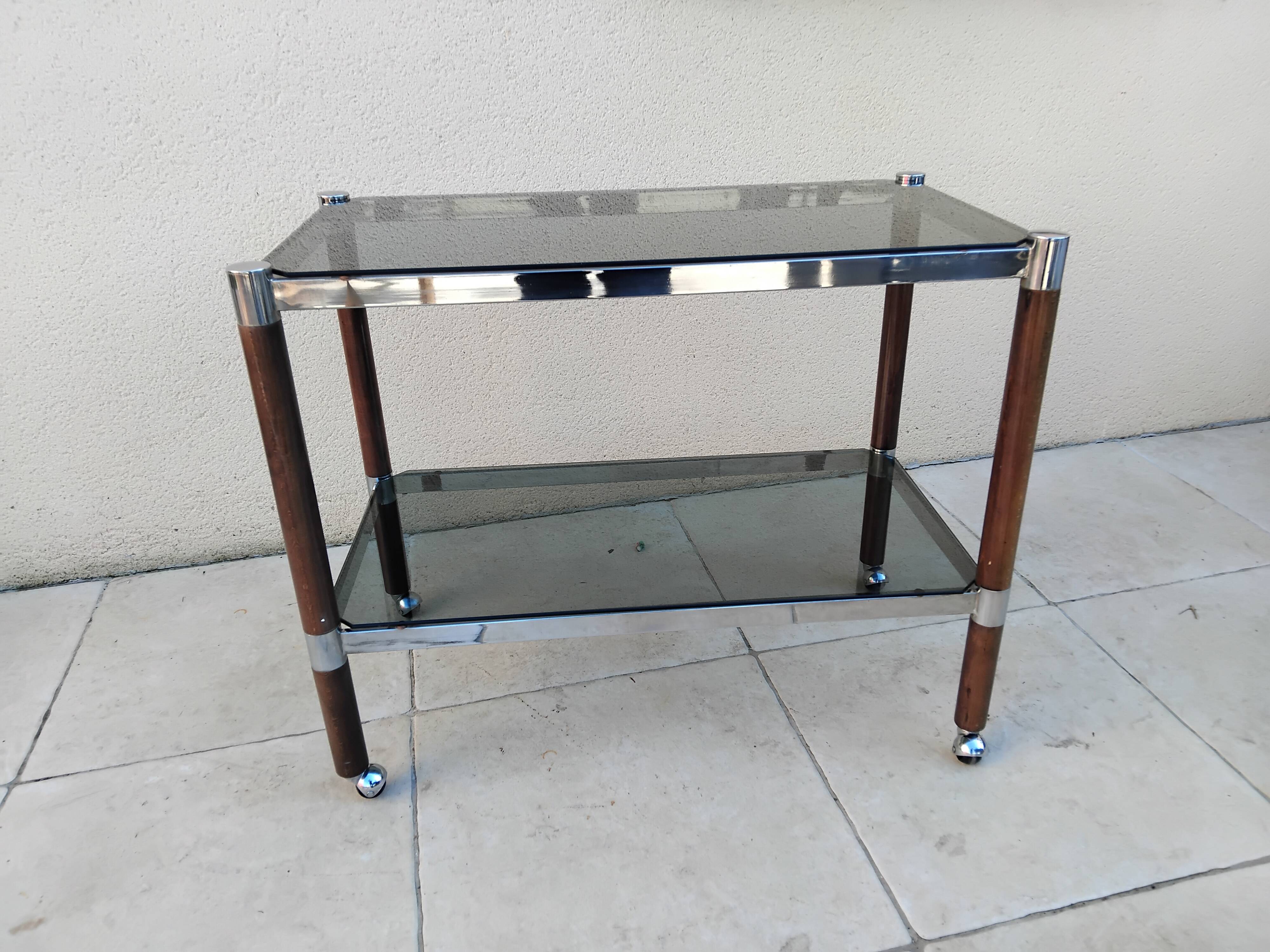 Vintage wooden serving trolley with smoked glass, chrome metal and wood