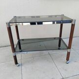 Vintage wooden serving trolley with smoked glass, chrome metal and wood