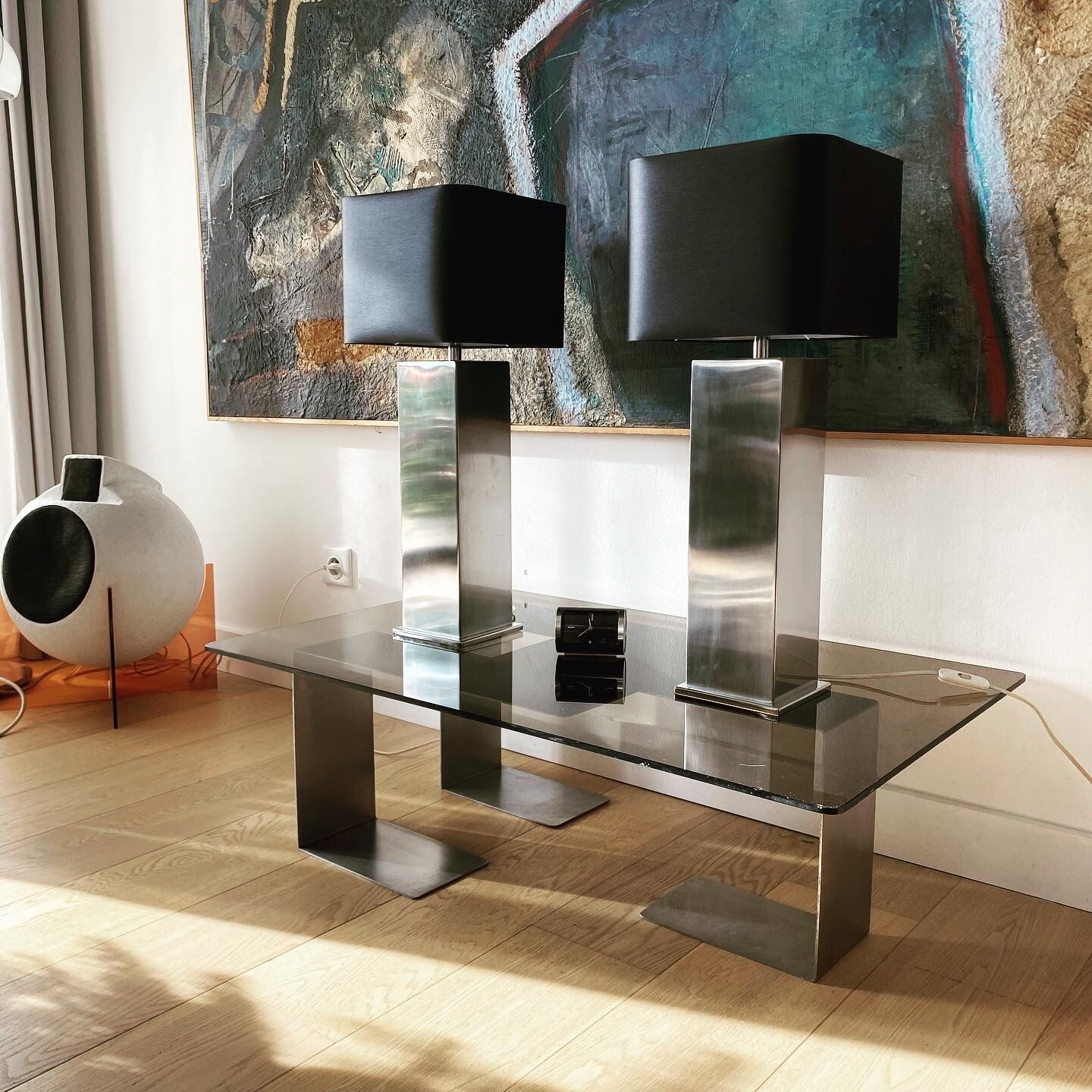 Pair of Building lamps in brushed stainless steel. Roche-bobois. France 1970