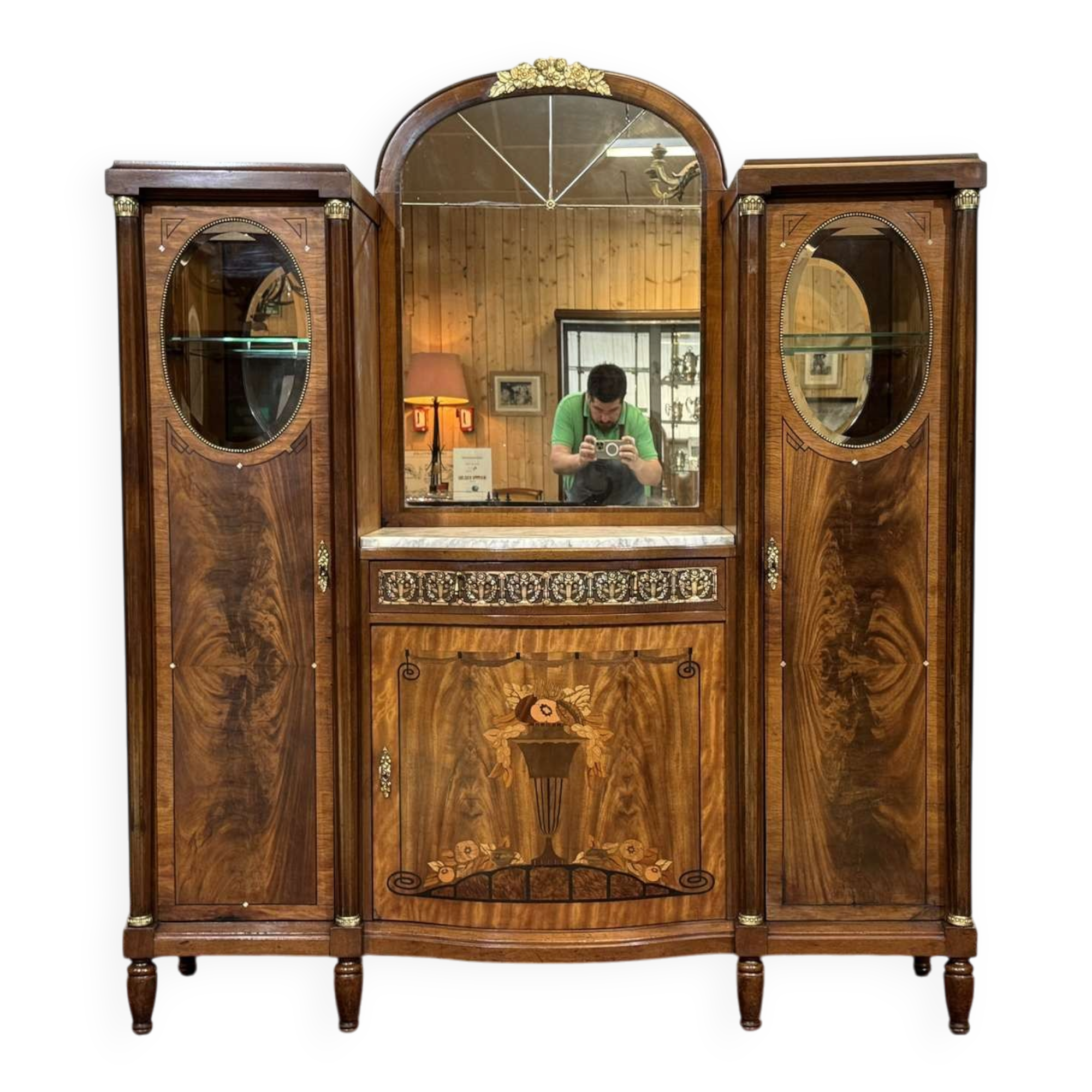 Art Deco buffet in mahogany, oak, and marble top.
