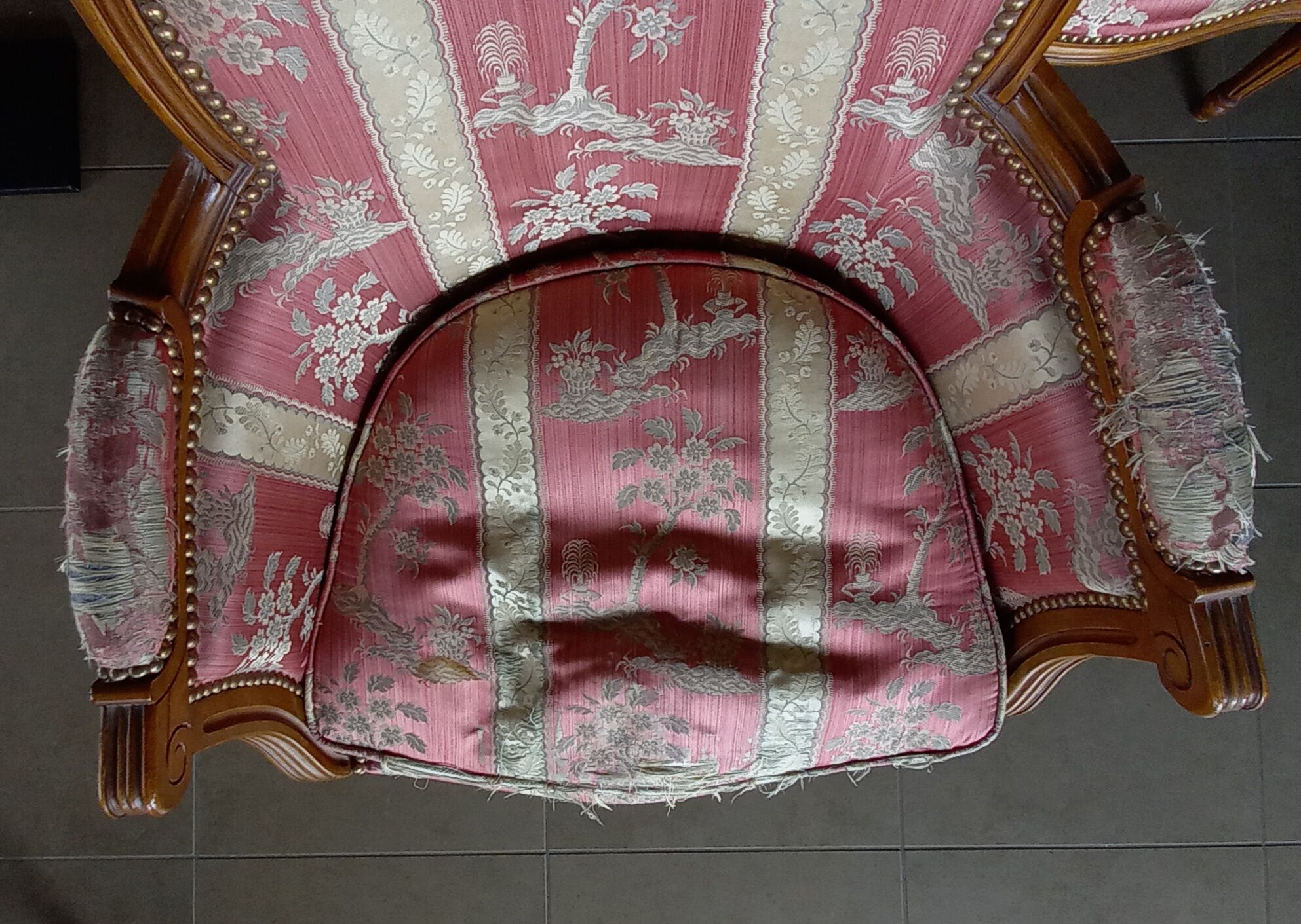 Pair of Louis XVI style armchairs in walnut and pink silk and ecru