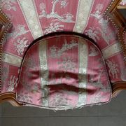 Pair of Louis XVI style armchairs in walnut and pink silk and ecru