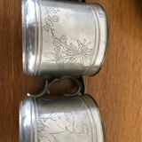 6 cups and sub-cups in pewter motifs birds and flowers and Chinese inscription