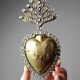 Ex-voto ancien cœur enflammé de Marie pomponne serti de strass, XIXe-XXe