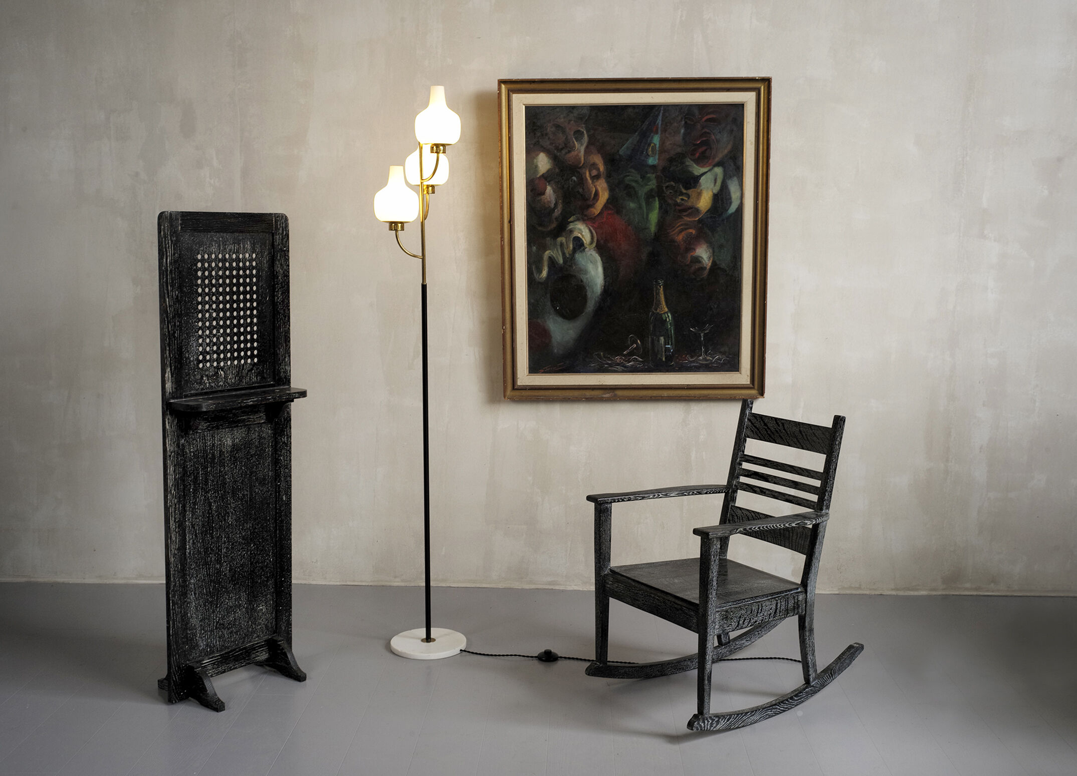 Stilnovo, floor lamp with three opalines, Italy 1950