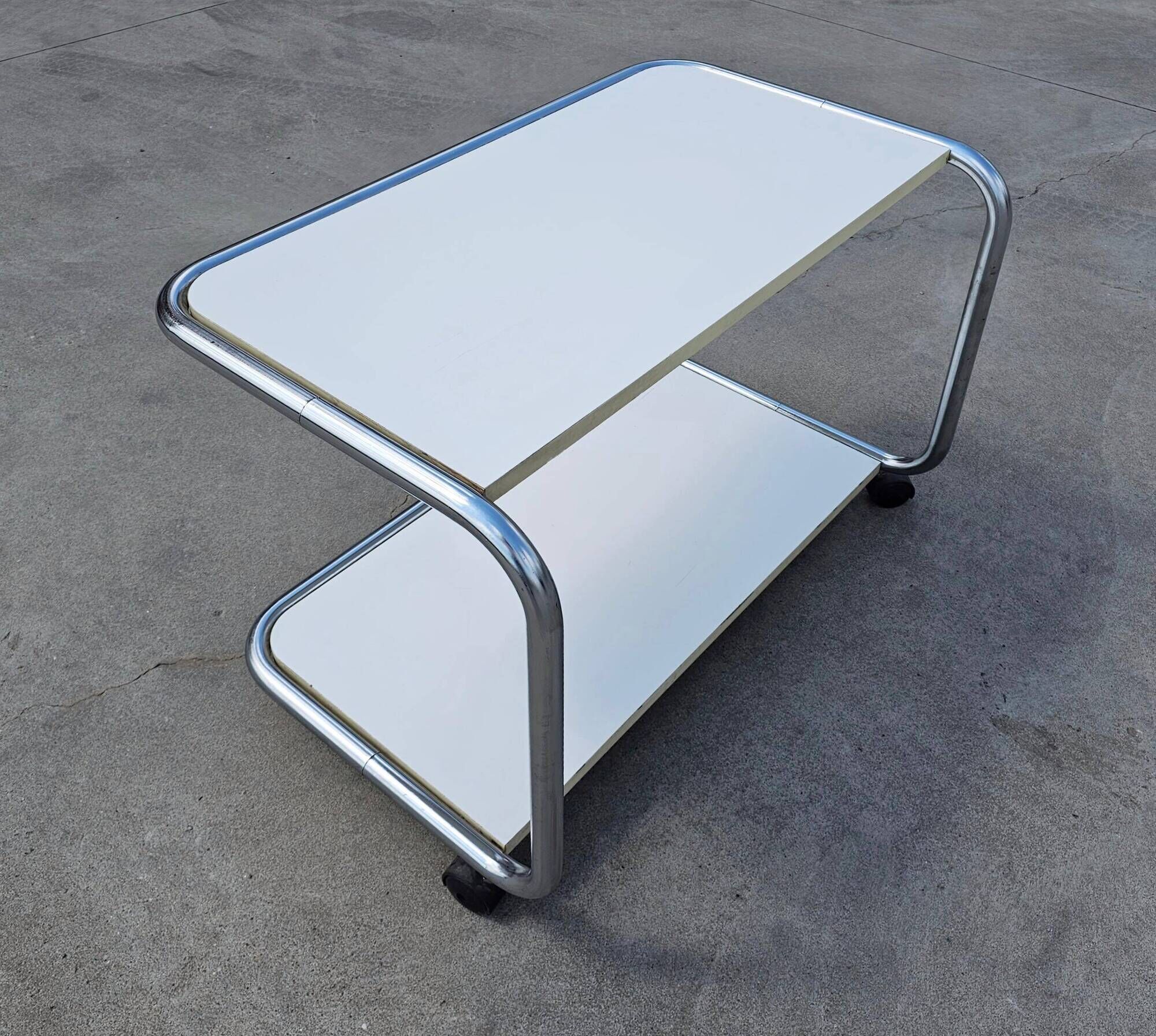 Tubular side table with 2 levels in Bauhaus style, tubular steel, 1970s.