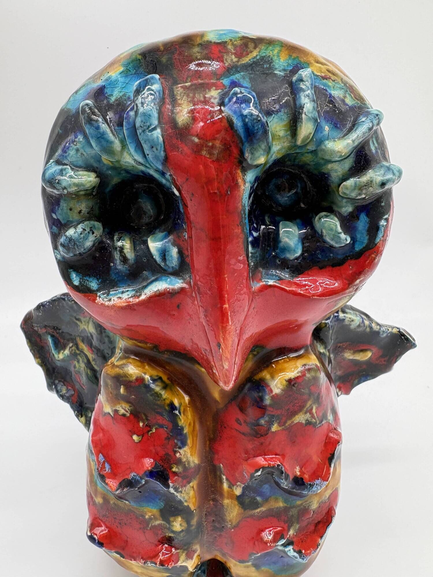 Owl Sculpture in Glazed Ceramic Dated 1991 on Wrought Iron Base