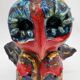Owl Sculpture in Glazed Ceramic Dated 1991 on Wrought Iron Base