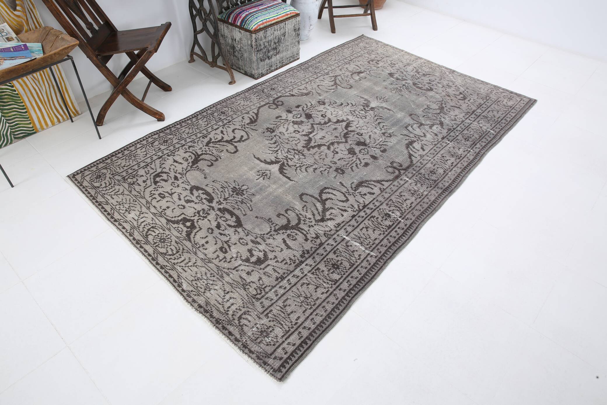 5x8 Shades Of Gray Black Oriental Vintage Turkish Rug, 150x250Cm SK 2874