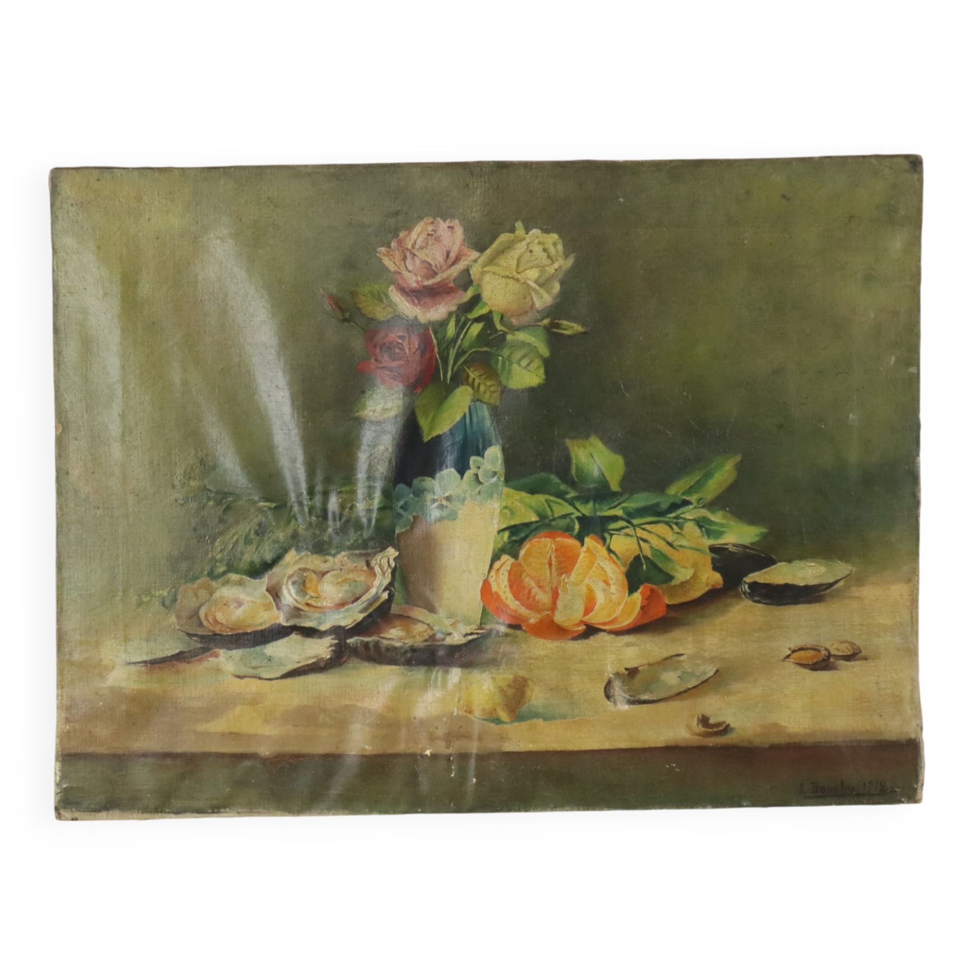 Antique French Painting Still Life Oil on Canvas Signed L. Bouchu 1912