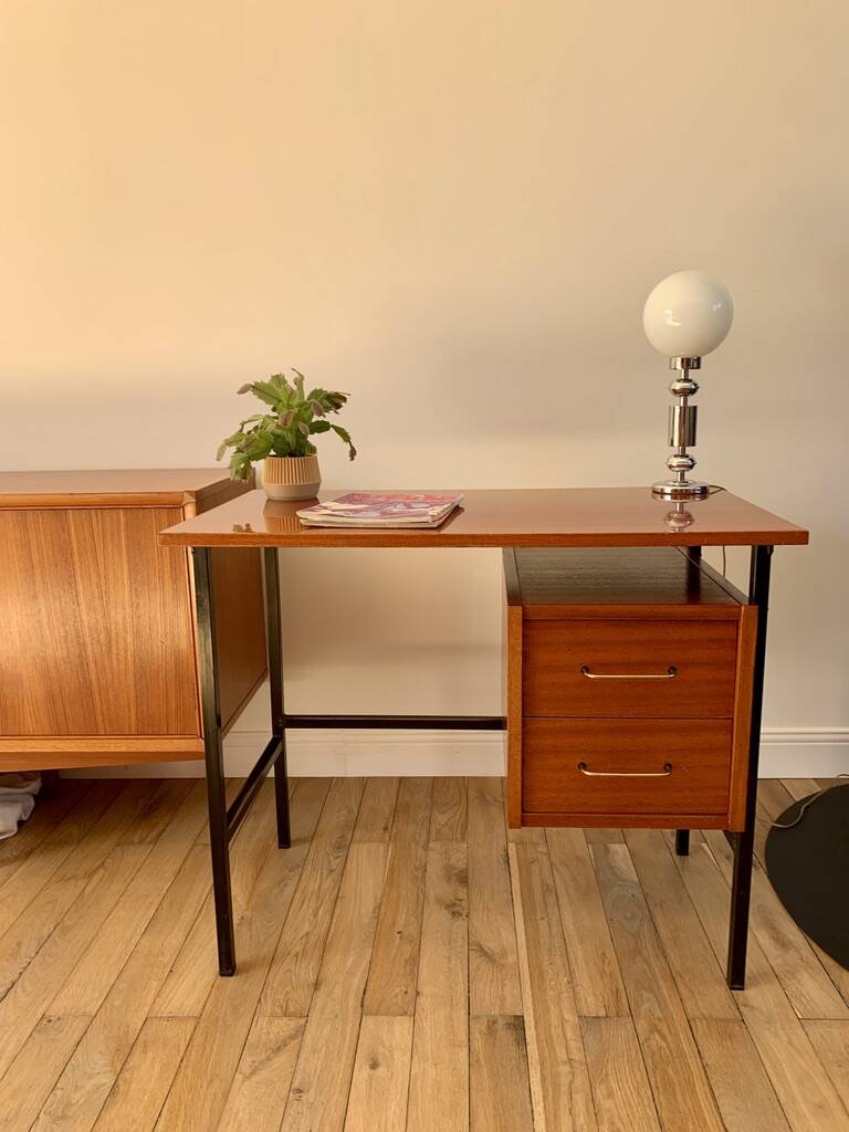 lacquered wood desk and black steel legs design from the 60s and 70s
