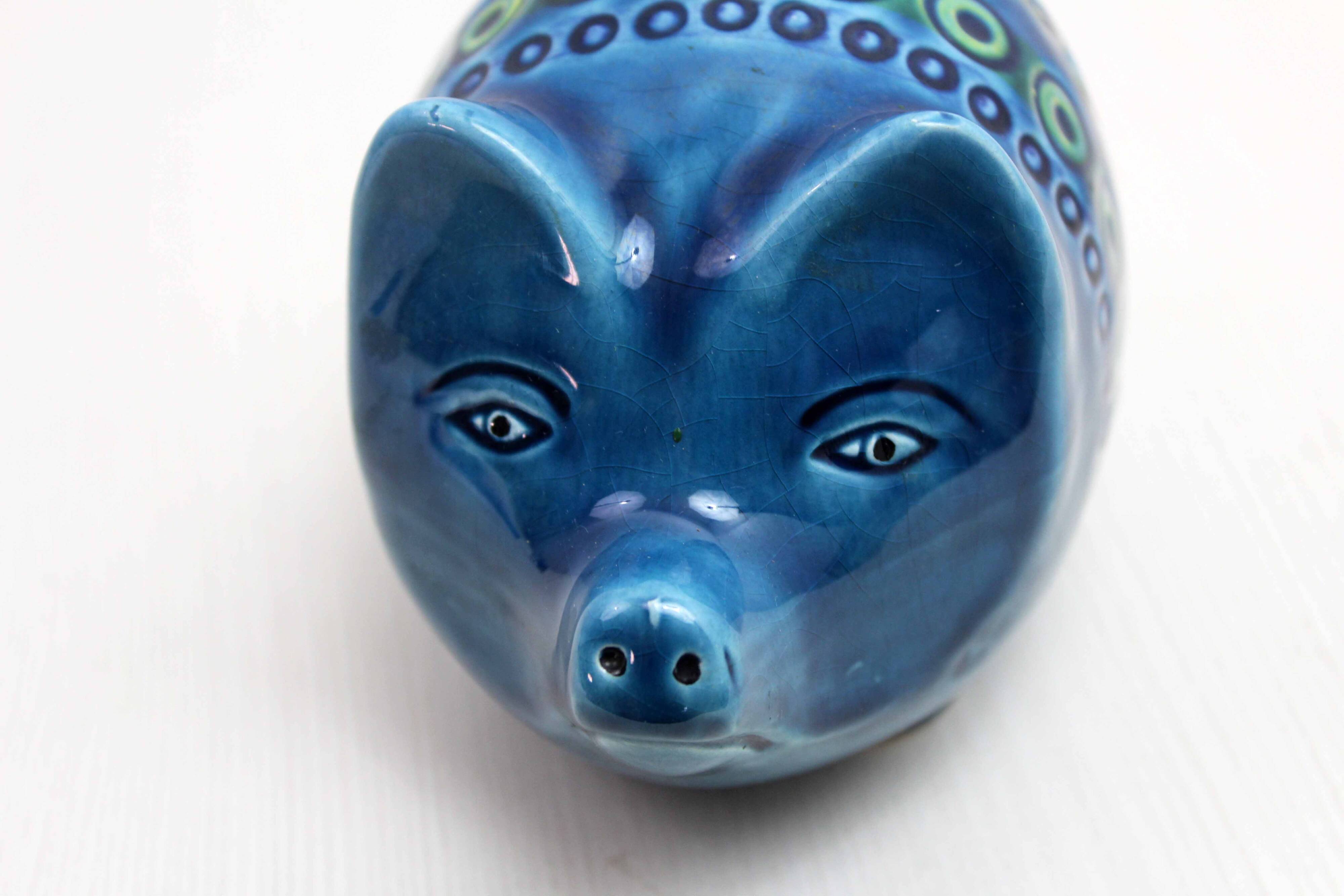 Zoomorphic ceramic, Piggy Bank in blue ceramic from Rimini, Italy 1970