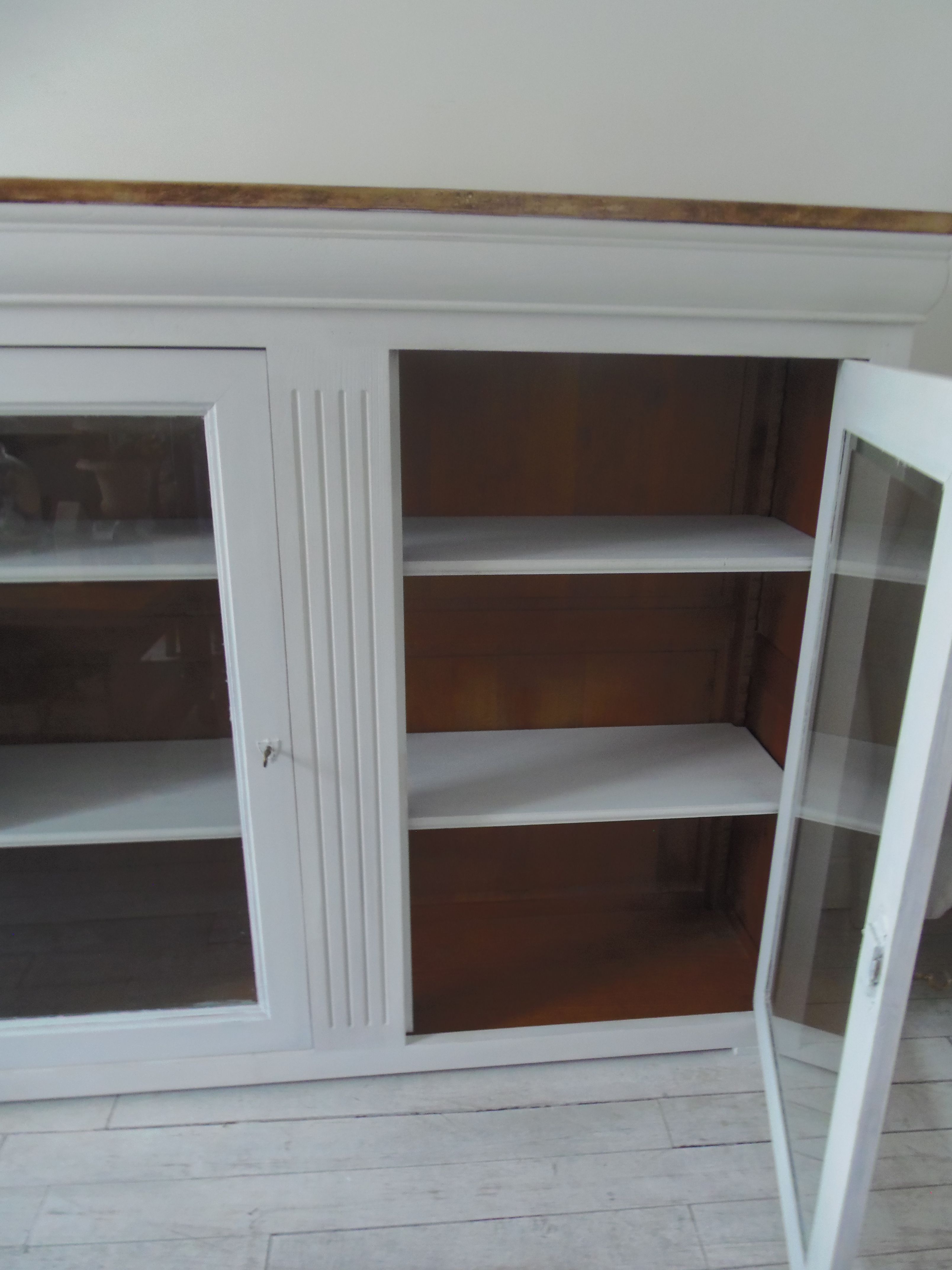 Showcase, bookcase, dresser style louis philippe patinated pearl gray, 2 glass doors.