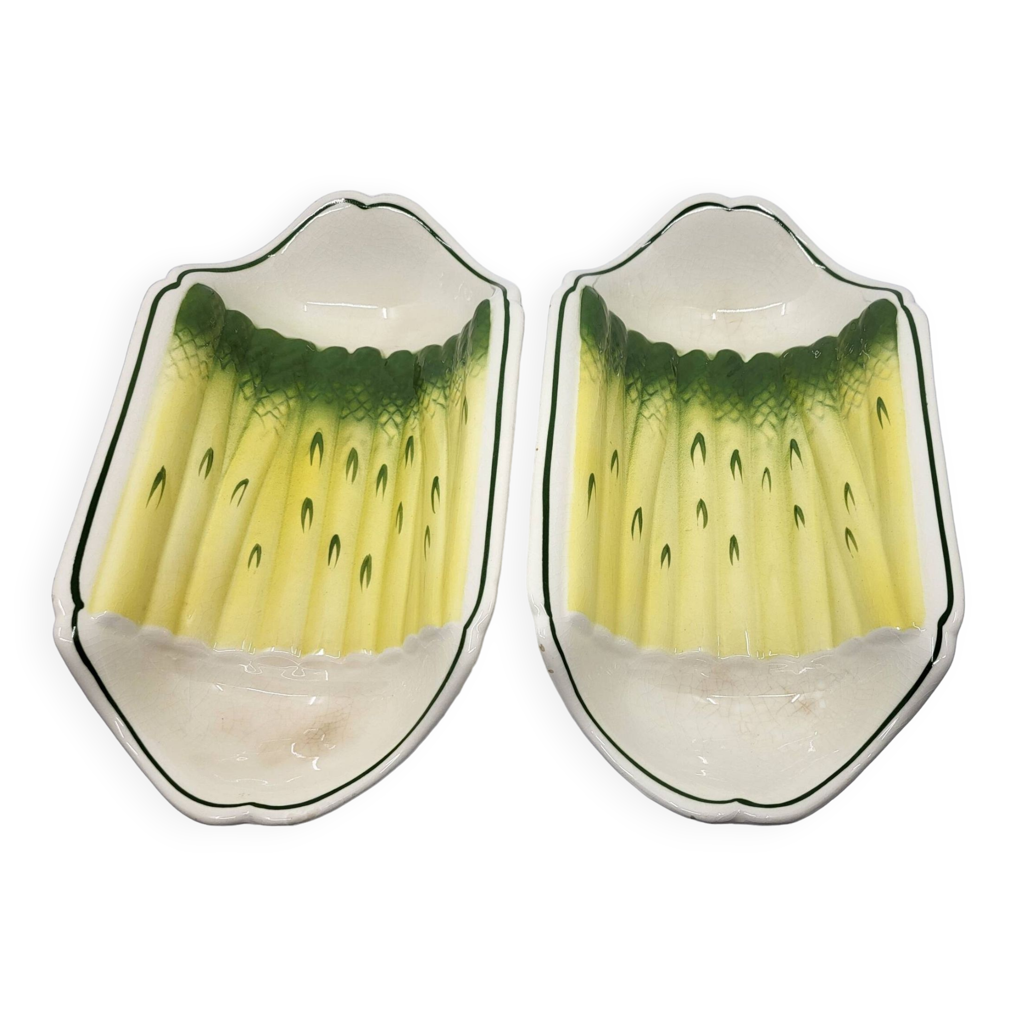 Salins earthenware slip dish decorated with asparagus, French, yellow and green, 20th century