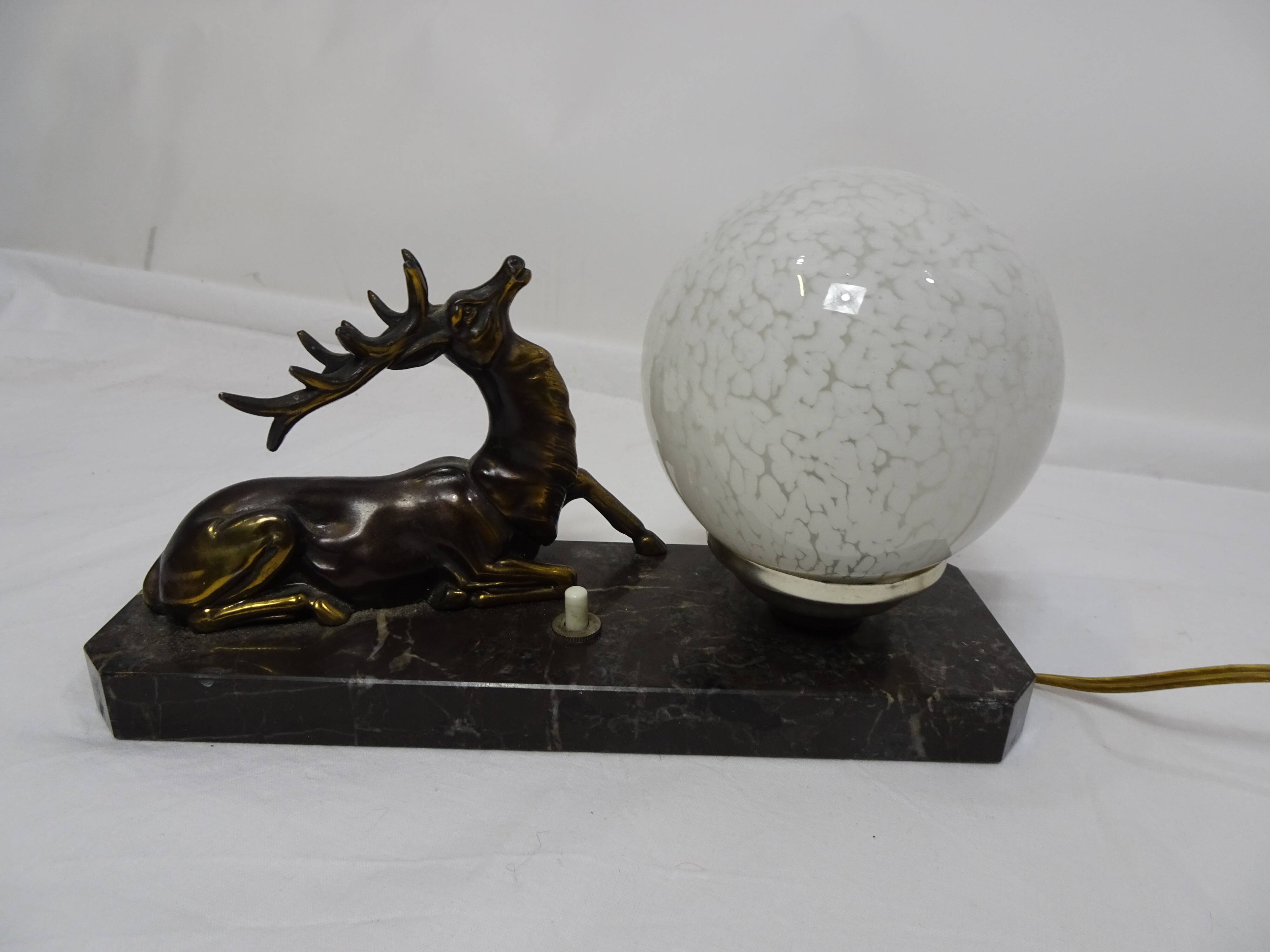 Art deco night light bedside lamp Deer and opaline white ball