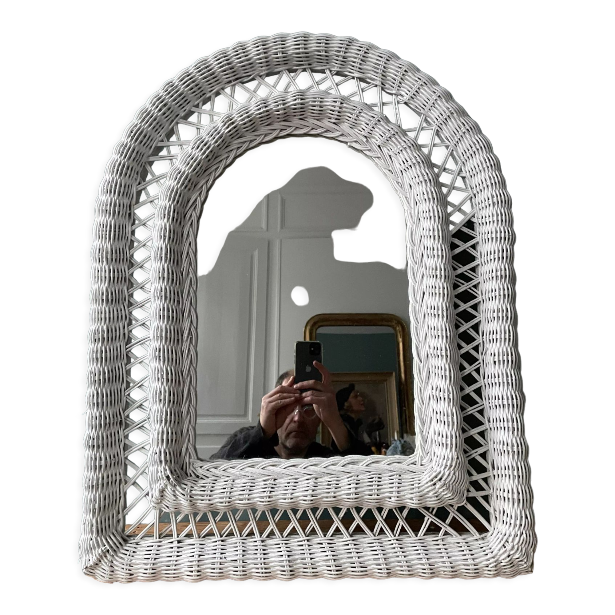 Rattan mirror, white woven wicker, 1960 57x73cm
