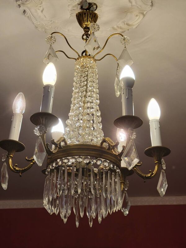 Lustre montgolfière 6 feux en bronze et pampilles en cristal, fin XIXème
