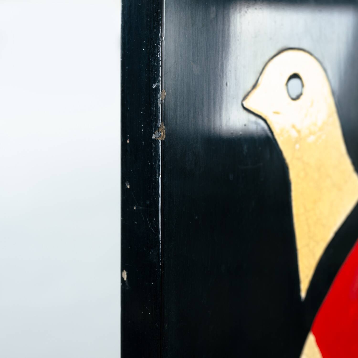 Room divider in art deco style with birds, geometric patterns, red, yellow, blue