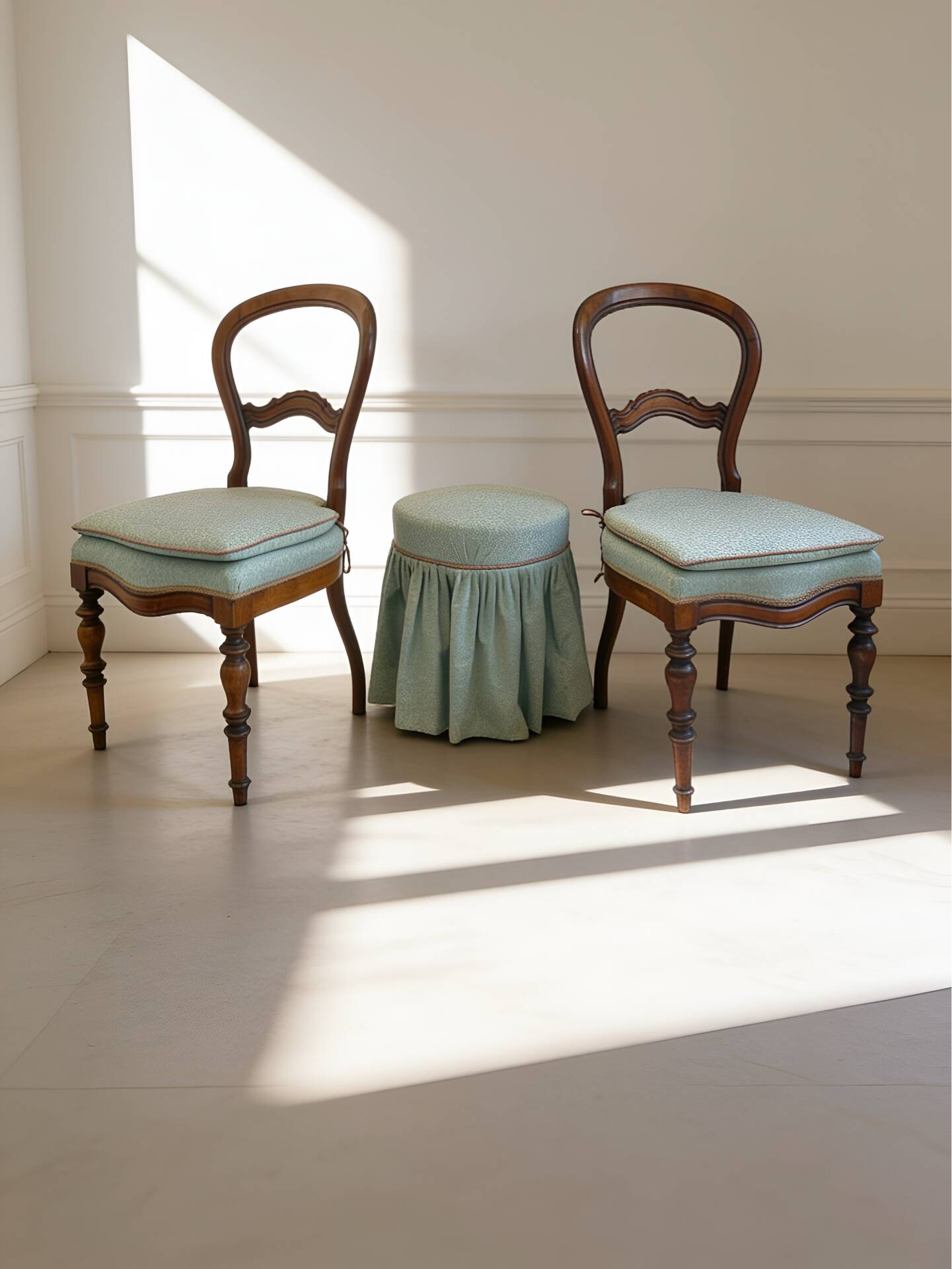 Antique Victorian era ballon back chairs and stool