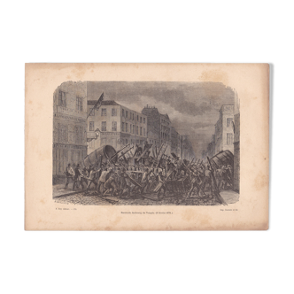 une illustration  papier d'époque : barricade faubourg du Temple 1870 ( lire description )